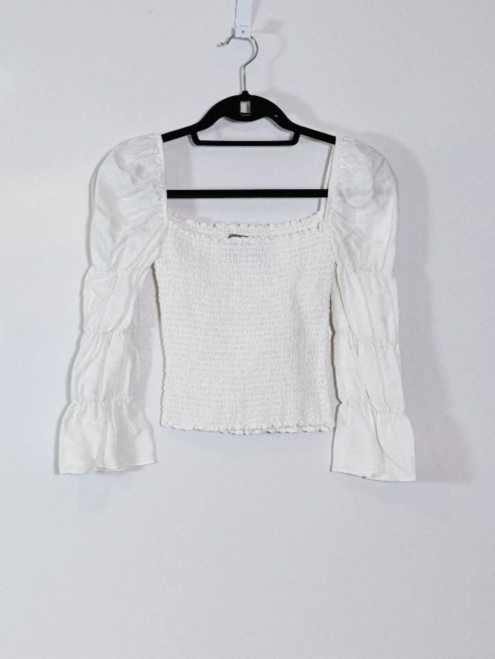 Reformation Gala Linen Blend Smocked Bodice Long Sleeve Square Neck Blouse Top